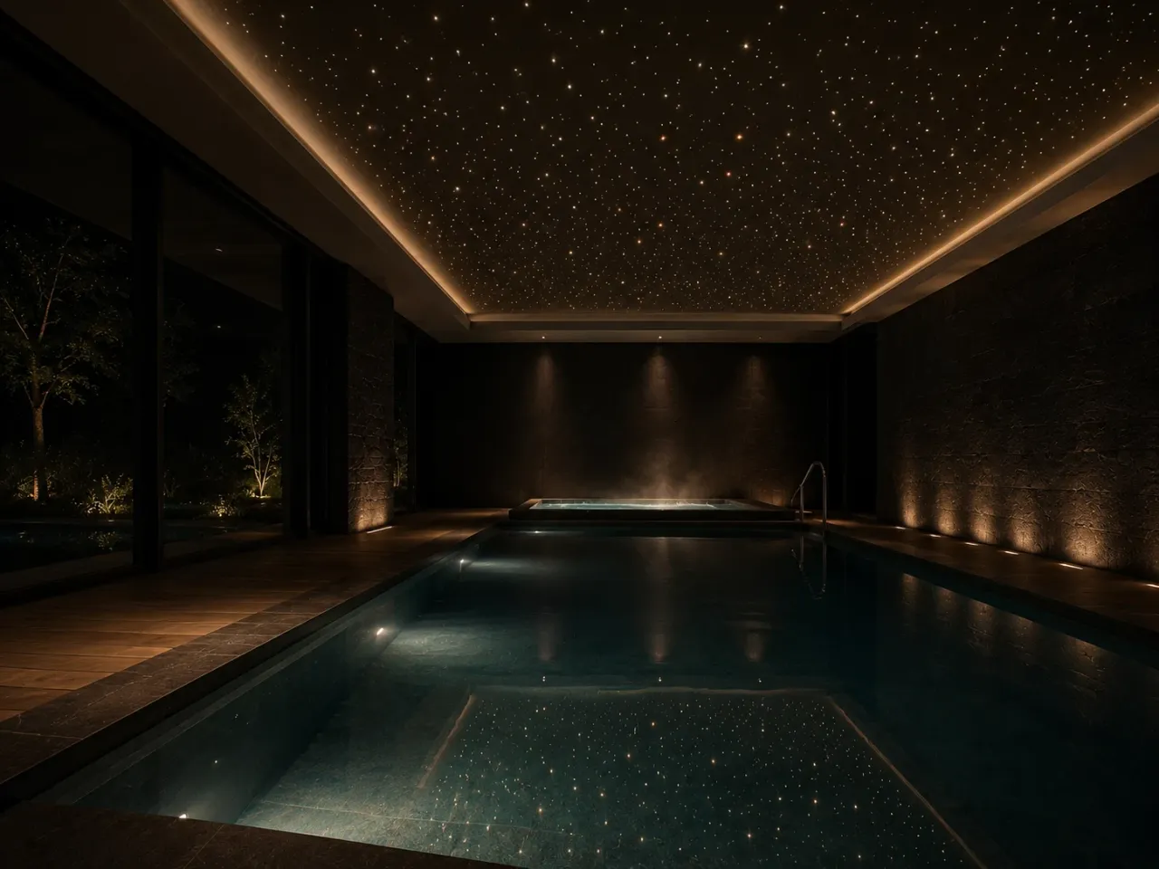 Piscina y spa con techo estrellado